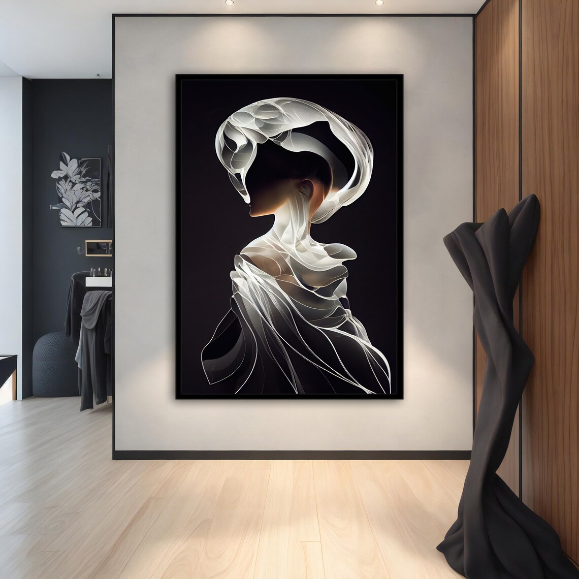 Surreal Veiled Woman Portrait Glowing White Fabric Dark Elegant Art Poster - Image 2
