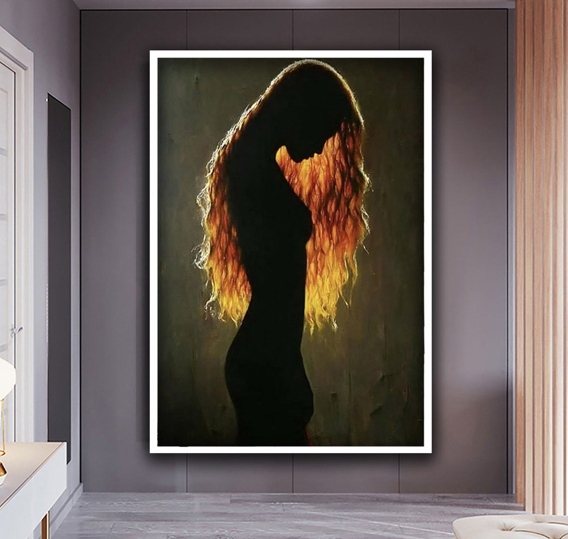 Silhouette Woman Art Long Haired Woman Art Woman In The Dark Print Nude Girl Wall Art Gold Haired Woman Art Print - Image 5