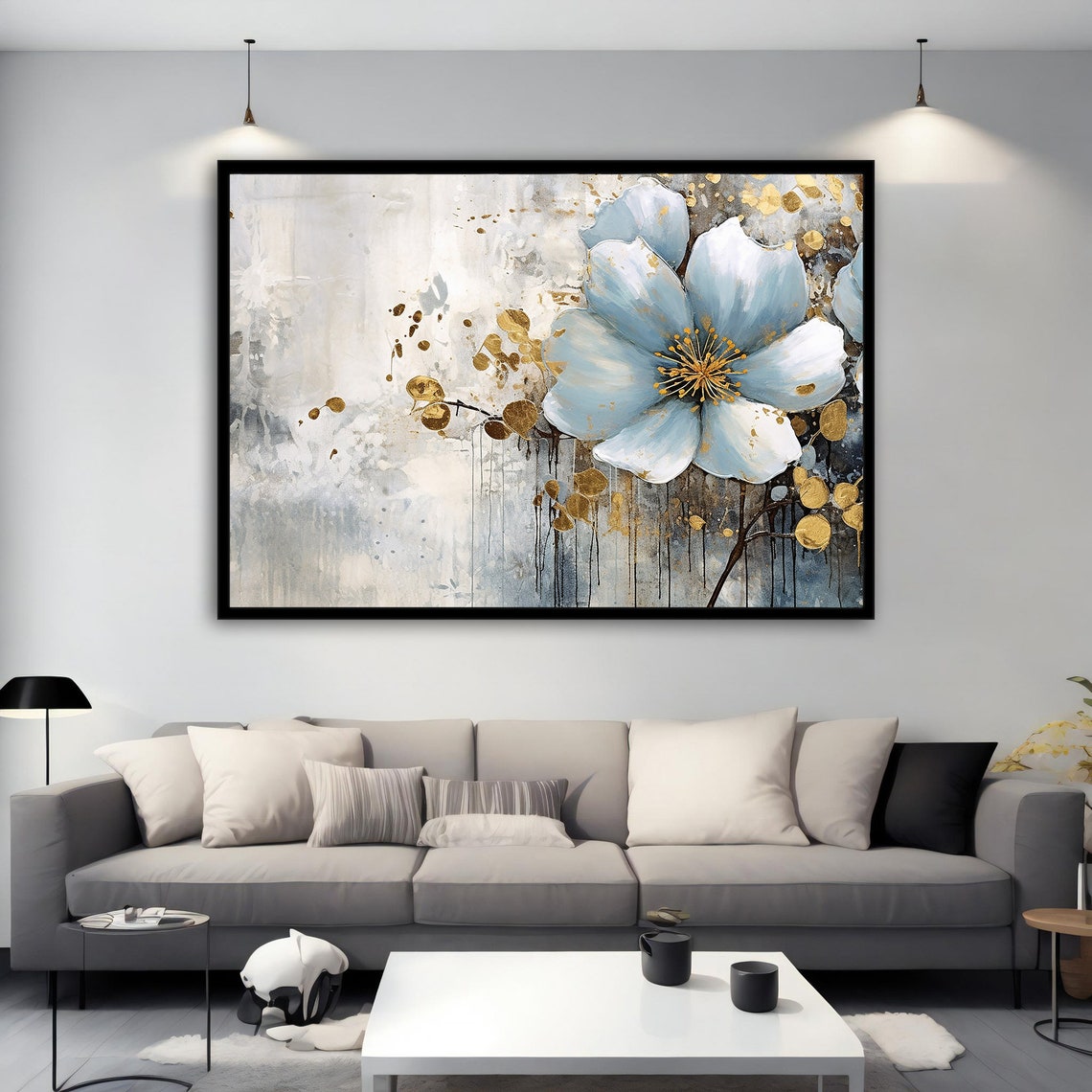 Grey White Bloom Gold Accents Soft Impressionistic Floral Poster - Image 2