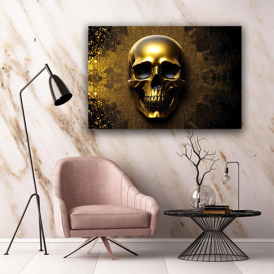 Gold Skull Glitter Gothic Black Background Metallic Skull Wall Art Poster - Image 5