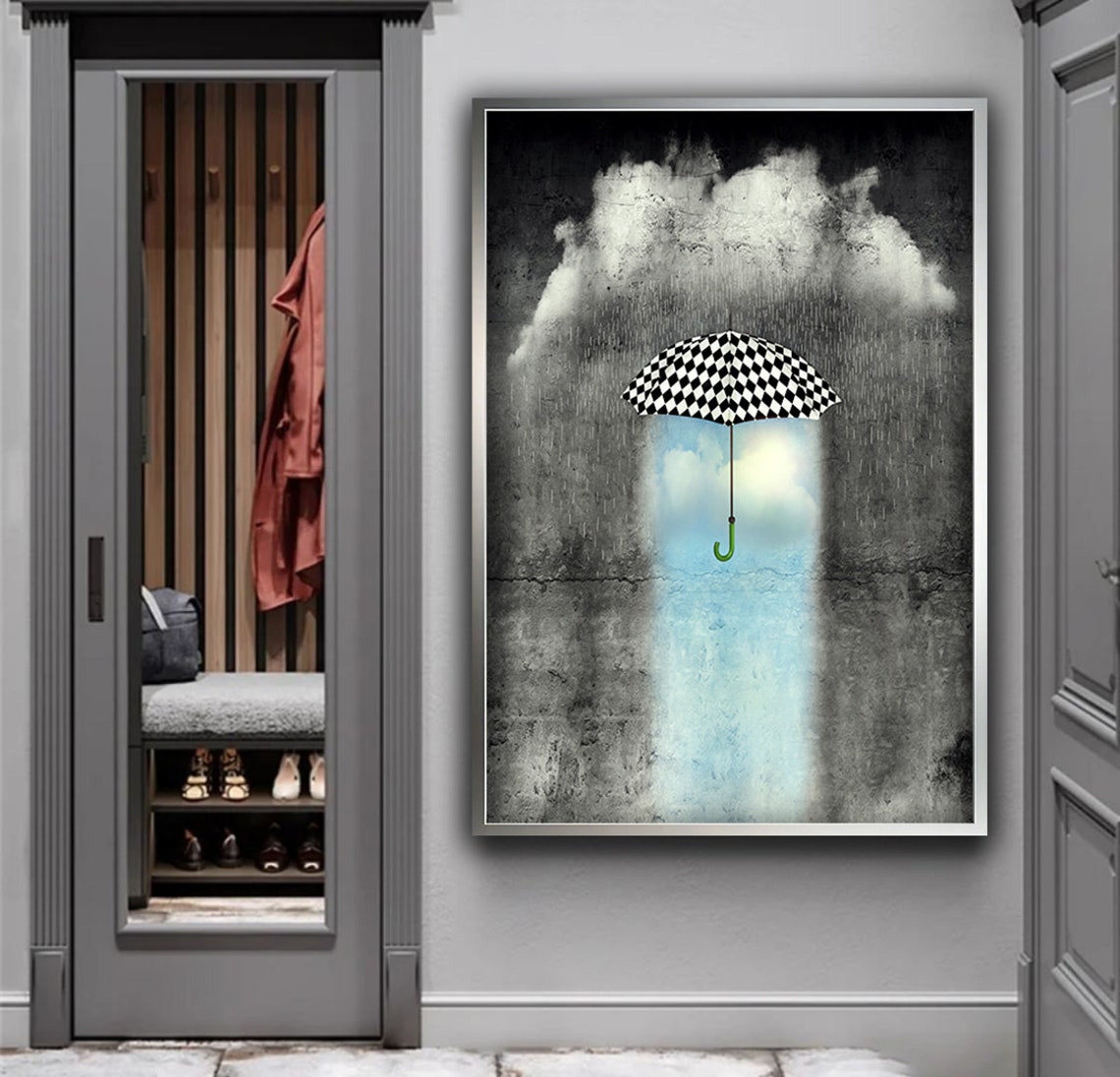 Checkered Umbrella Rain Cloud Surreal Black White Dream Art Poster - Image 3