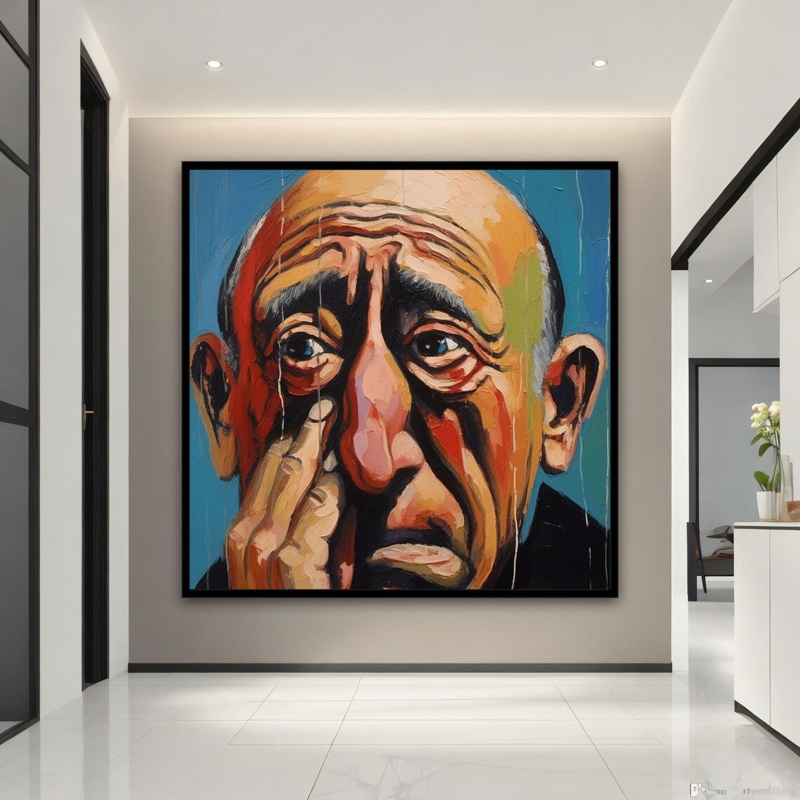 Unhappy Old Man Blue Eyes Expressive Colorful Portrait Art Poster