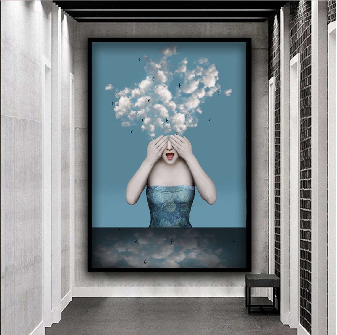 Surreal Woman Cloud Head Birds Dreamy Fantasy Portrait Wall Art - Image 3