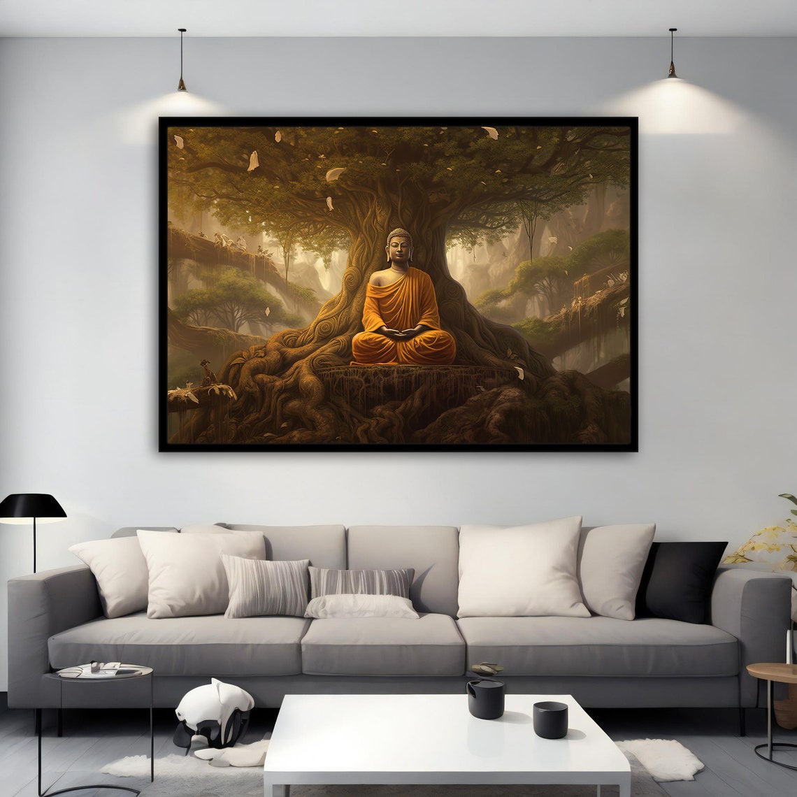 Serene Meditating Buddha Under Bodhi Tree Golden Forest Wall Art - Image 2