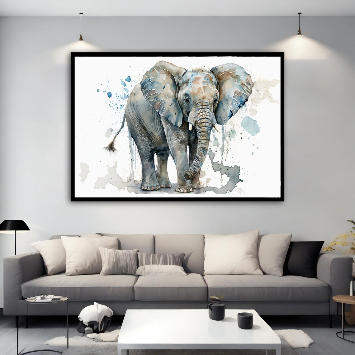 Watercolor Elephant Blue Gray Tones Gentle Wildlife Painting Poster - Image 2