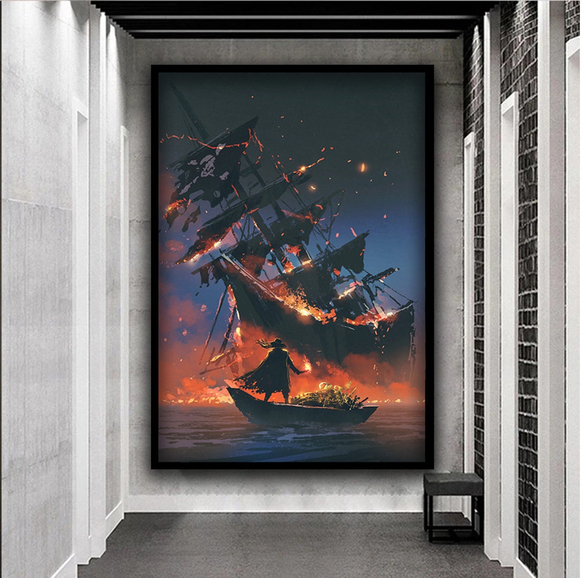 Burning Pirate Ship Night Fire Dramatic Ocean Fantasy Wall Art - Image 3