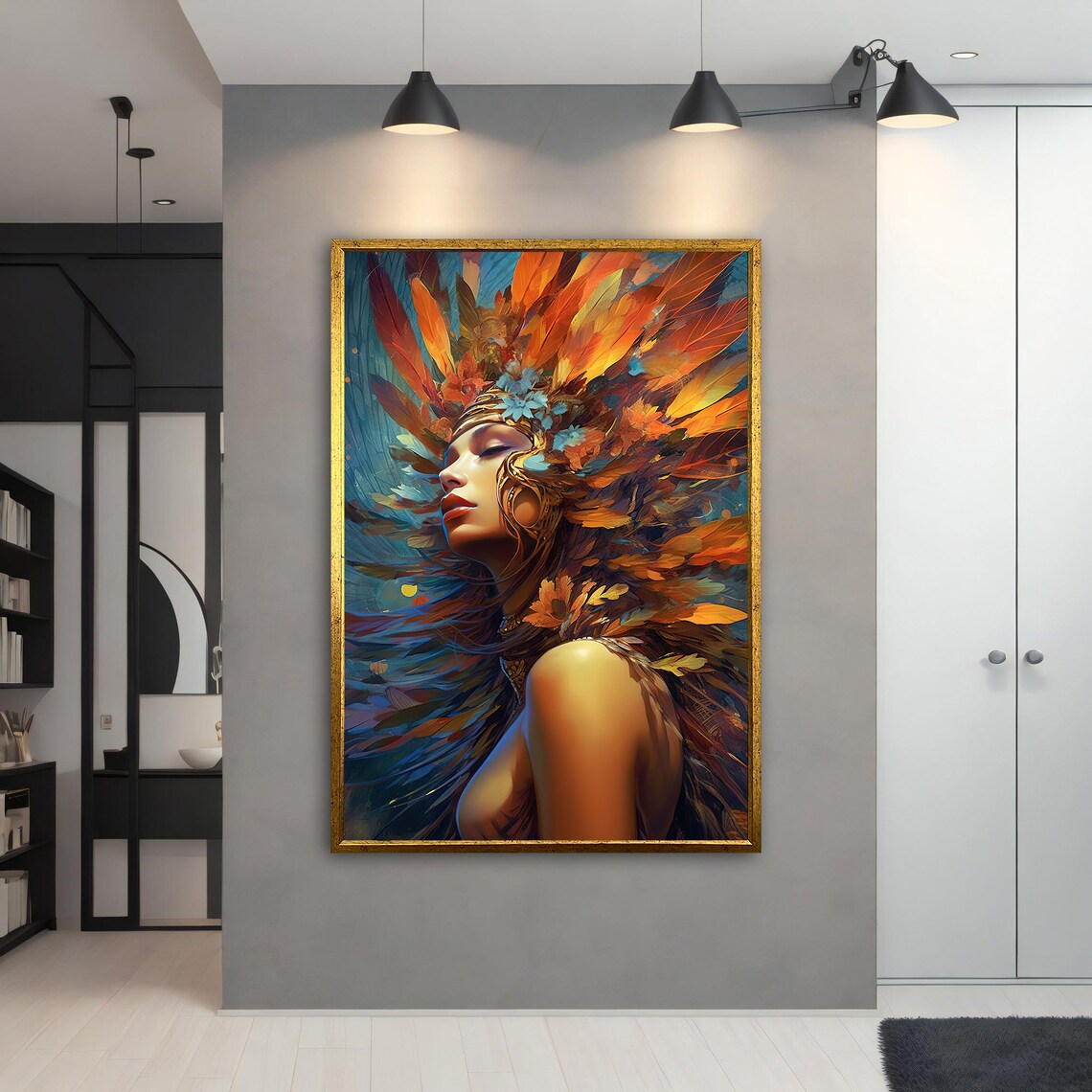 Colorful Woman with Fiery Feather Headdress Tribal Beauty Art Poster - Image 4
