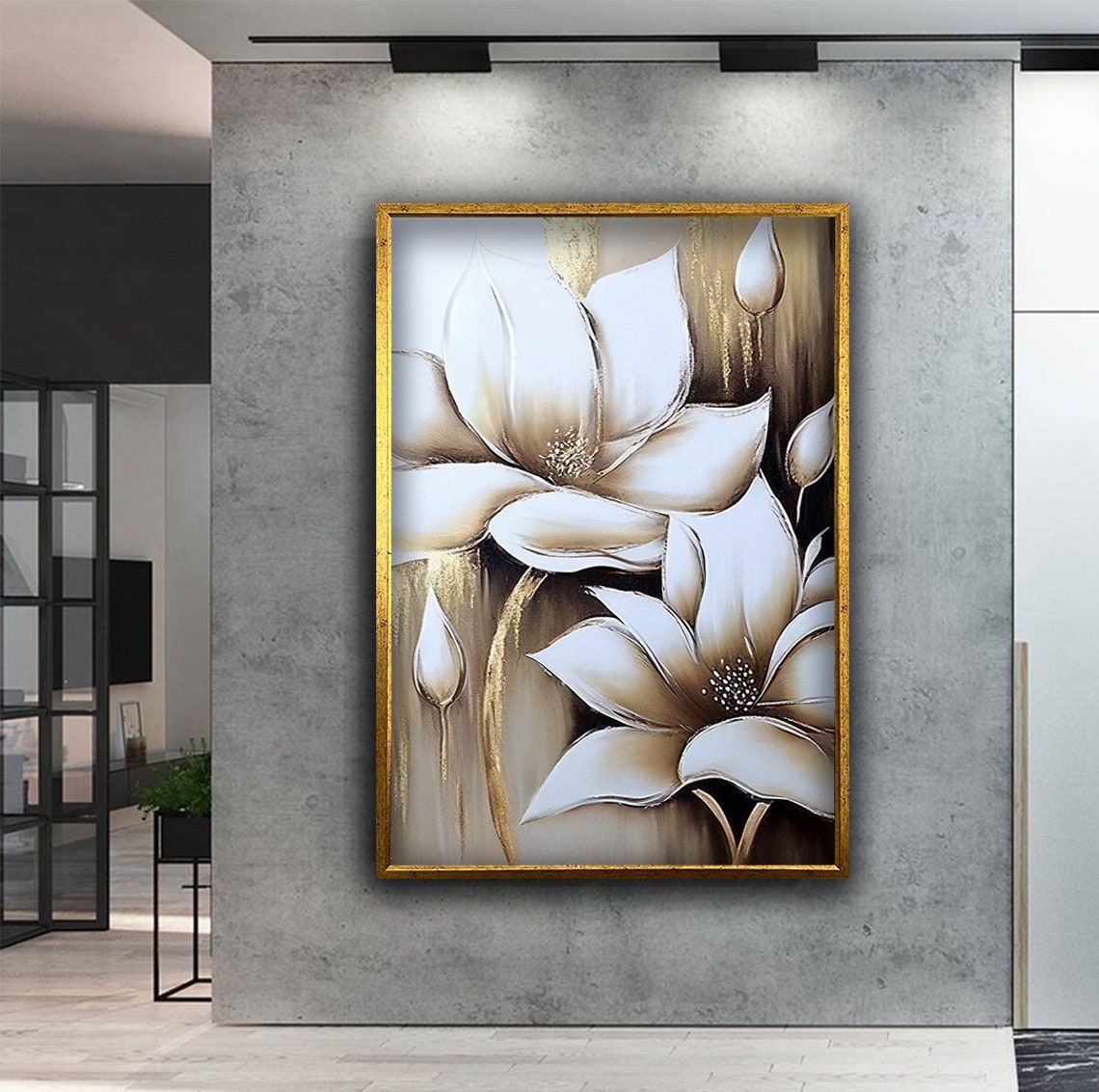 White Magnolia Flowers with Gold Accents on Neutral Beige Art Poster - Image 2