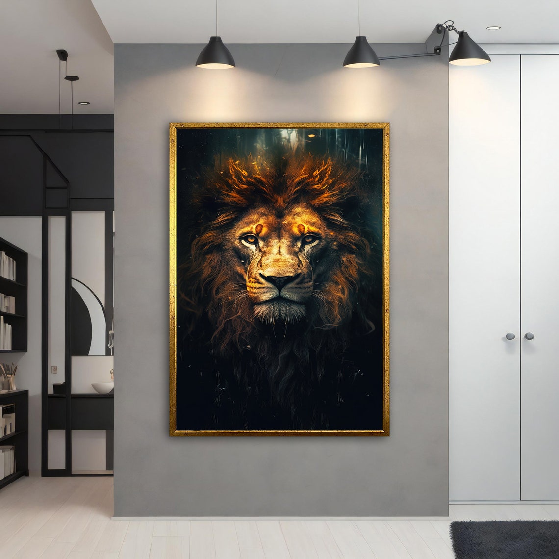 Fiery Lion Portrait Orange Mane Dark Background Majestic Animal Poster - Image 4