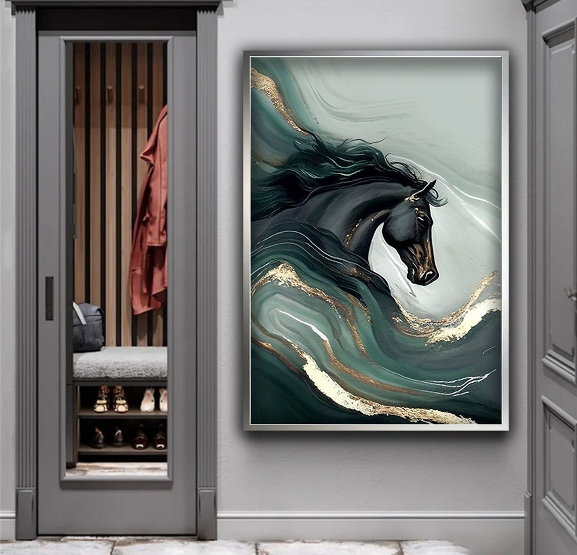 Black Horse Emerging from Teal and Gold Marbled Waves Abstract Poster - Image 5
