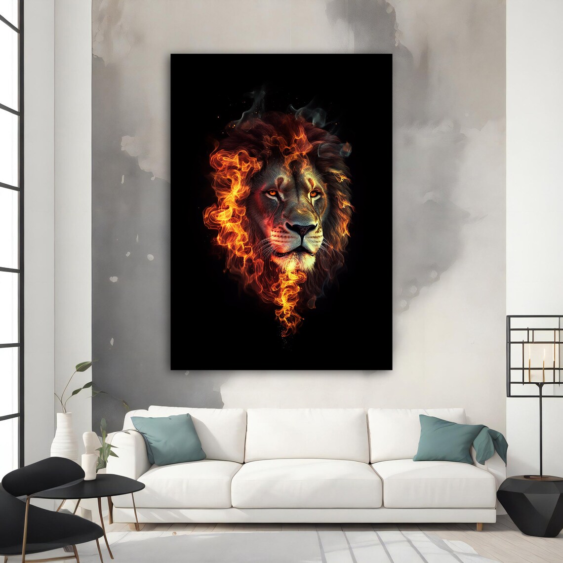 Burning Lion Flaming Mane Black Background Fiery Power Animal Art Poster - Image 2