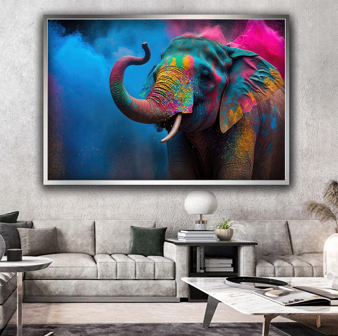 Colorful Paint Splashed Elephant with Trunk Up on Blue Smoke Poster - Image 3