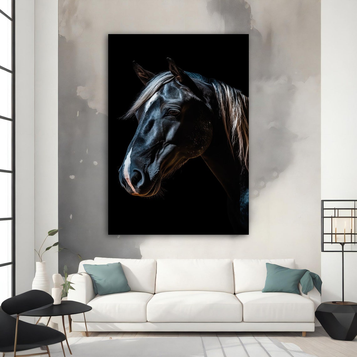 Black Horse Head White Blaze Dramatic Light Dark Animal Poster - Image 4