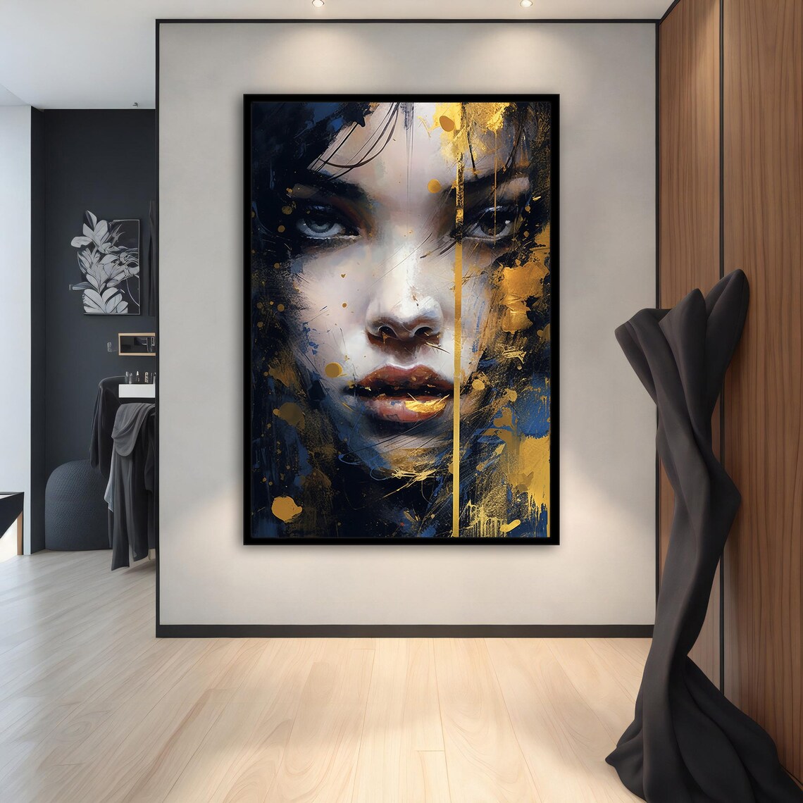 Golden and Navy Blue Woman Face Abstract Paint Splatter Poster - Image 3