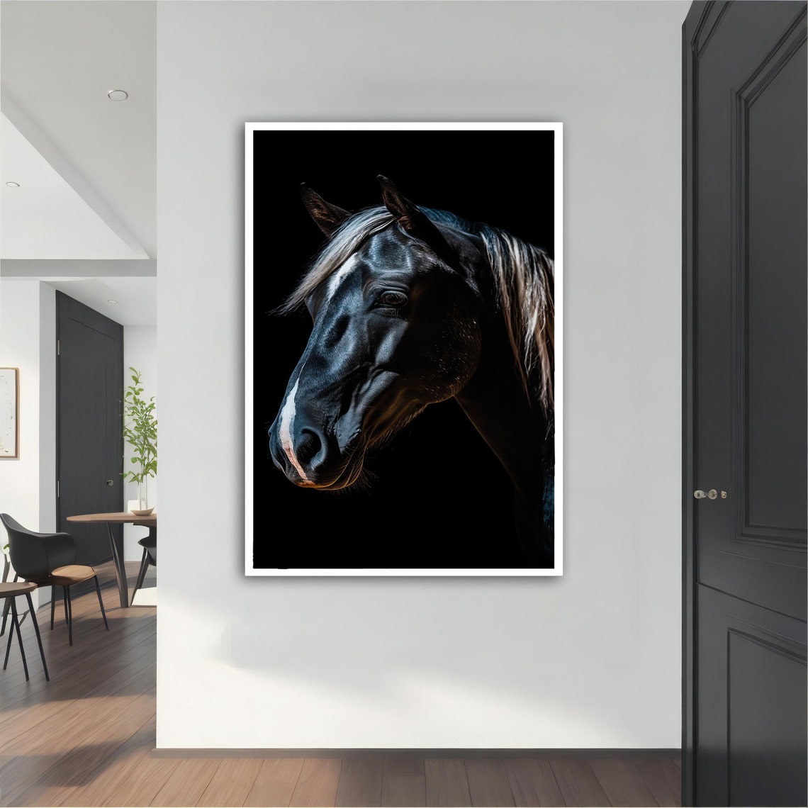 Black Horse Head White Blaze Dramatic Light Dark Animal Poster