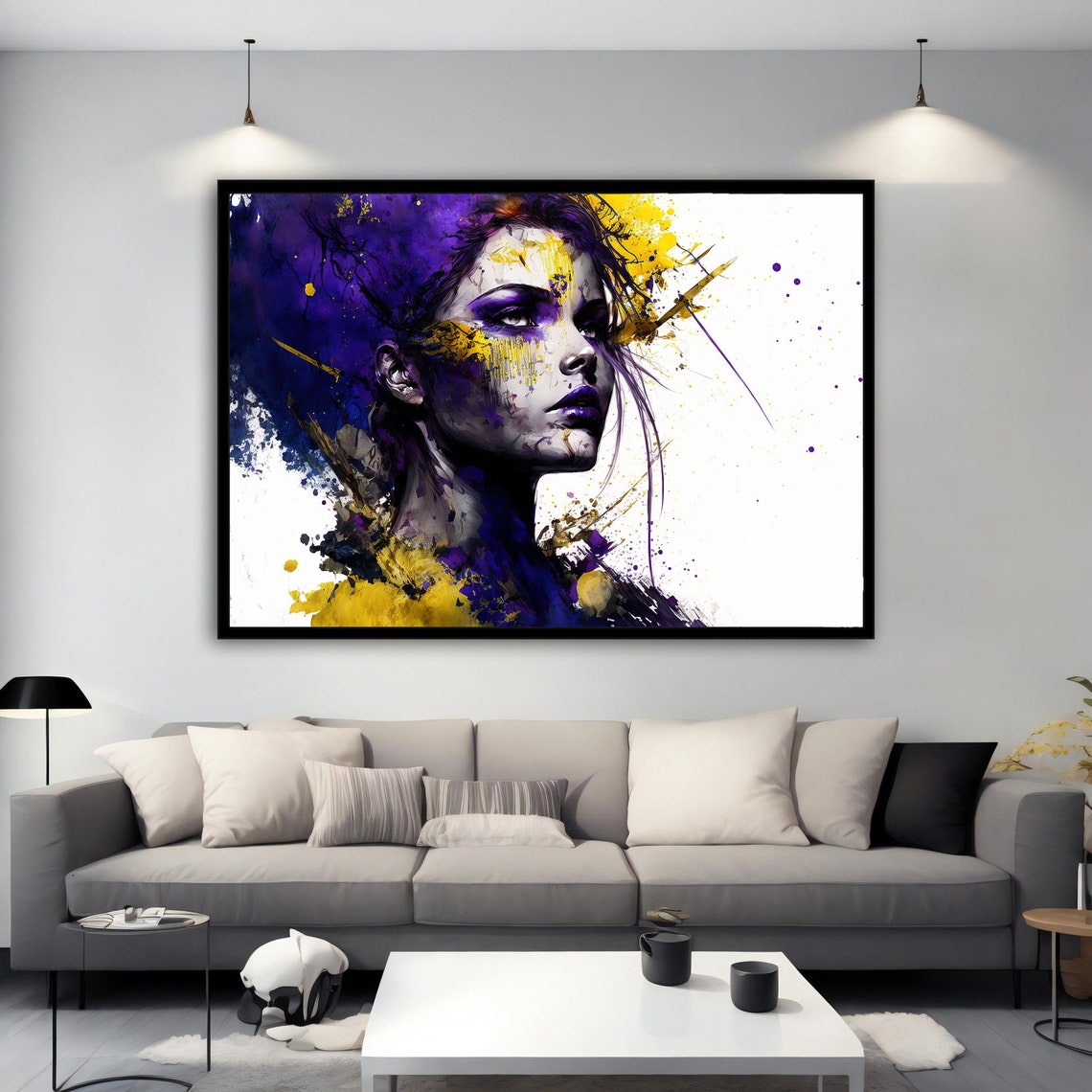 Abstract Woman Profile Purple Yellow Splash Portrait Art Poster