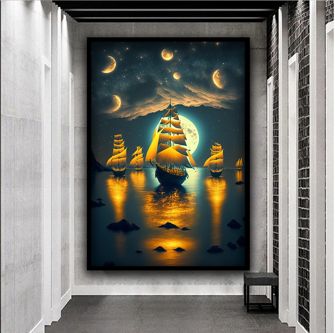 Tall Ships Under Multiple Moons Golden Night Sea Fantasy Art Poster - Image 5