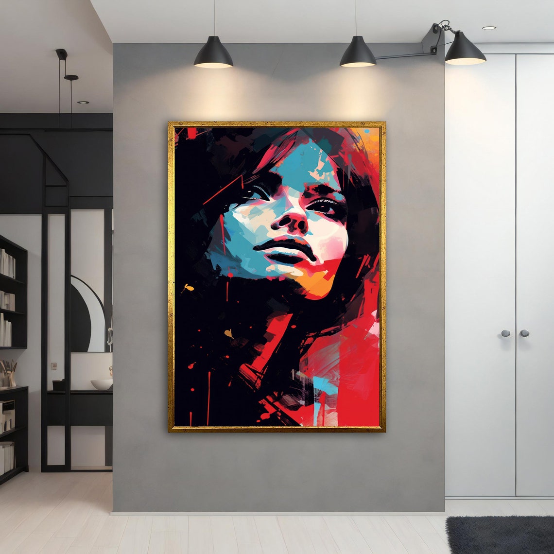 Bold Pop Art Woman Portrait Blue Pink Face Red Splash Wall Art - Image 5