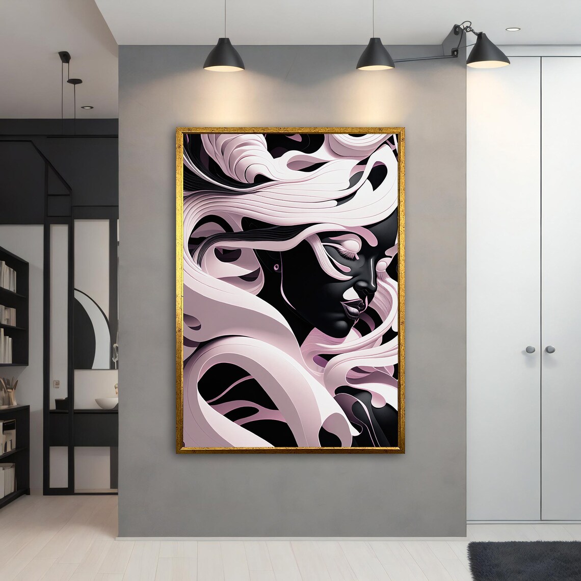 Surreal White Ribbon Woman Portrait Elegant Black Background Art Poster - Image 4