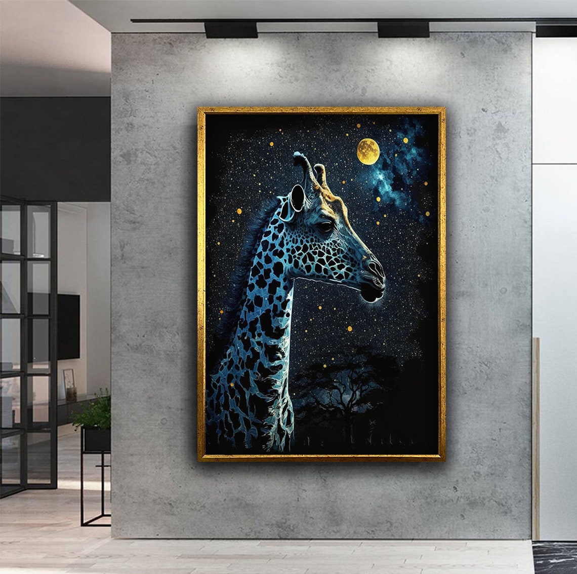 Glowing Giraffe Under Starry Night Sky Full Moon Dreamy Wall Poster - Image 4