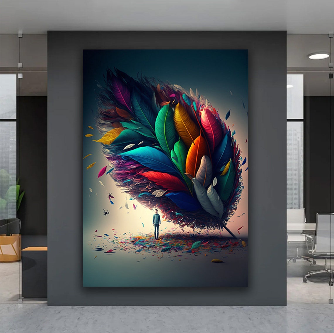 Surreal Giant Feather Bird Dreamlike Colorful Man Beneath Art Poster - Image 3