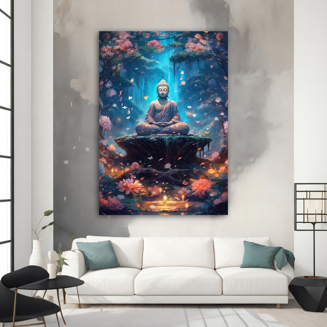 White Buddha Forest Waterfall Blossoms Mystical Asian Art Poster - Image 2