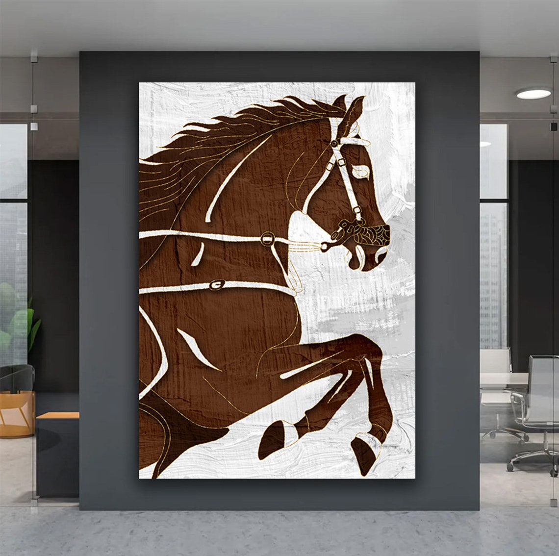 Rearing Brown Horse Bold Line Art White Bridle Equestrian Poster - Image 4