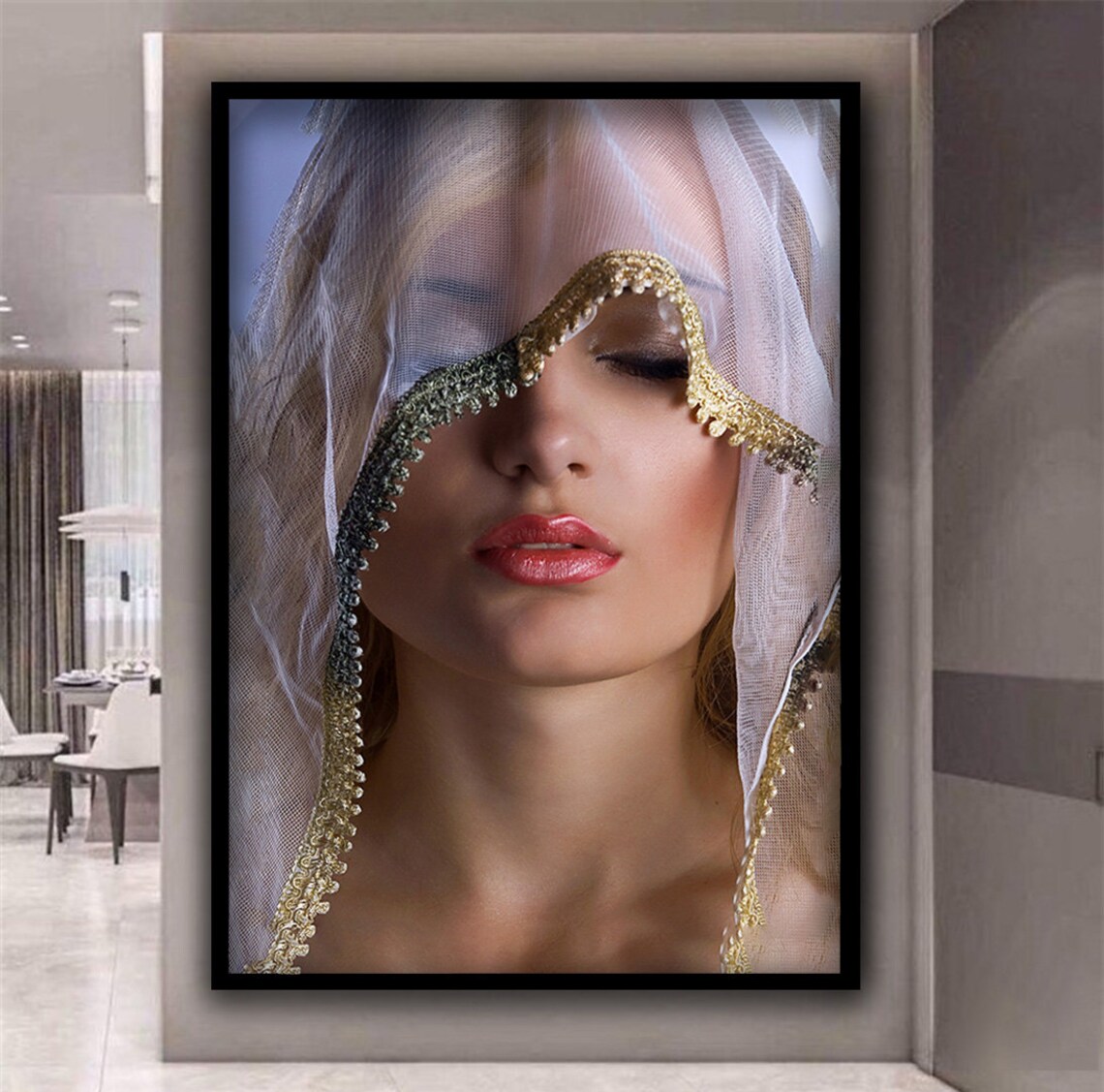 Veiled Blonde Woman Lace Gold Trim Elegant Feminine Photo Art Poster - Image 3