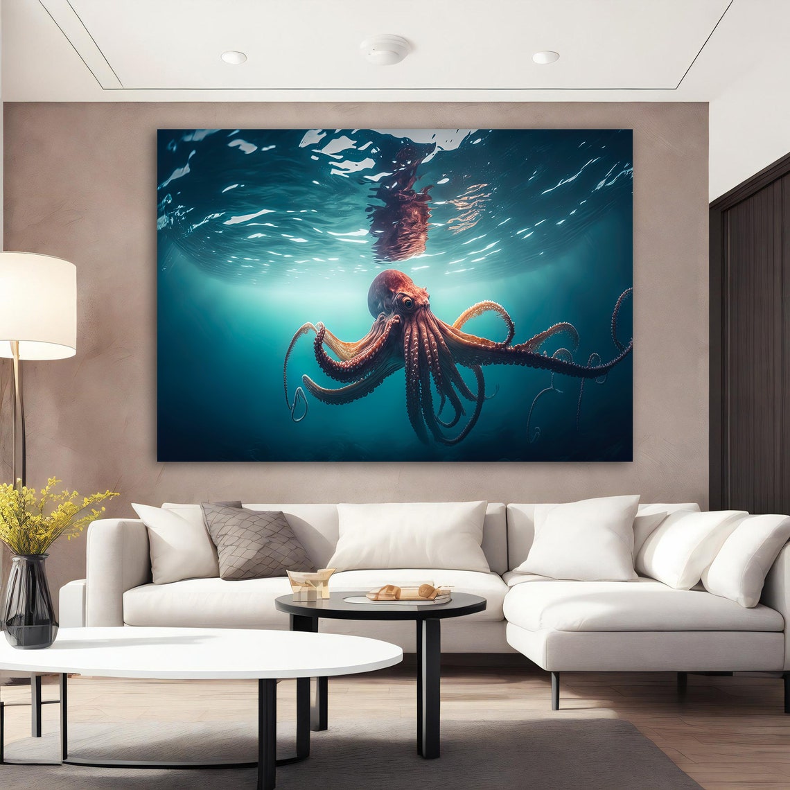 Red Octopus Underwater Deep Blue Ocean Sea Life Wall Art Poster - Image 2