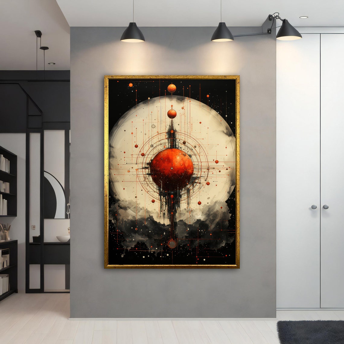 Cosmic Red Planet Orbit Rings Cream Moon Black Space Art Poster