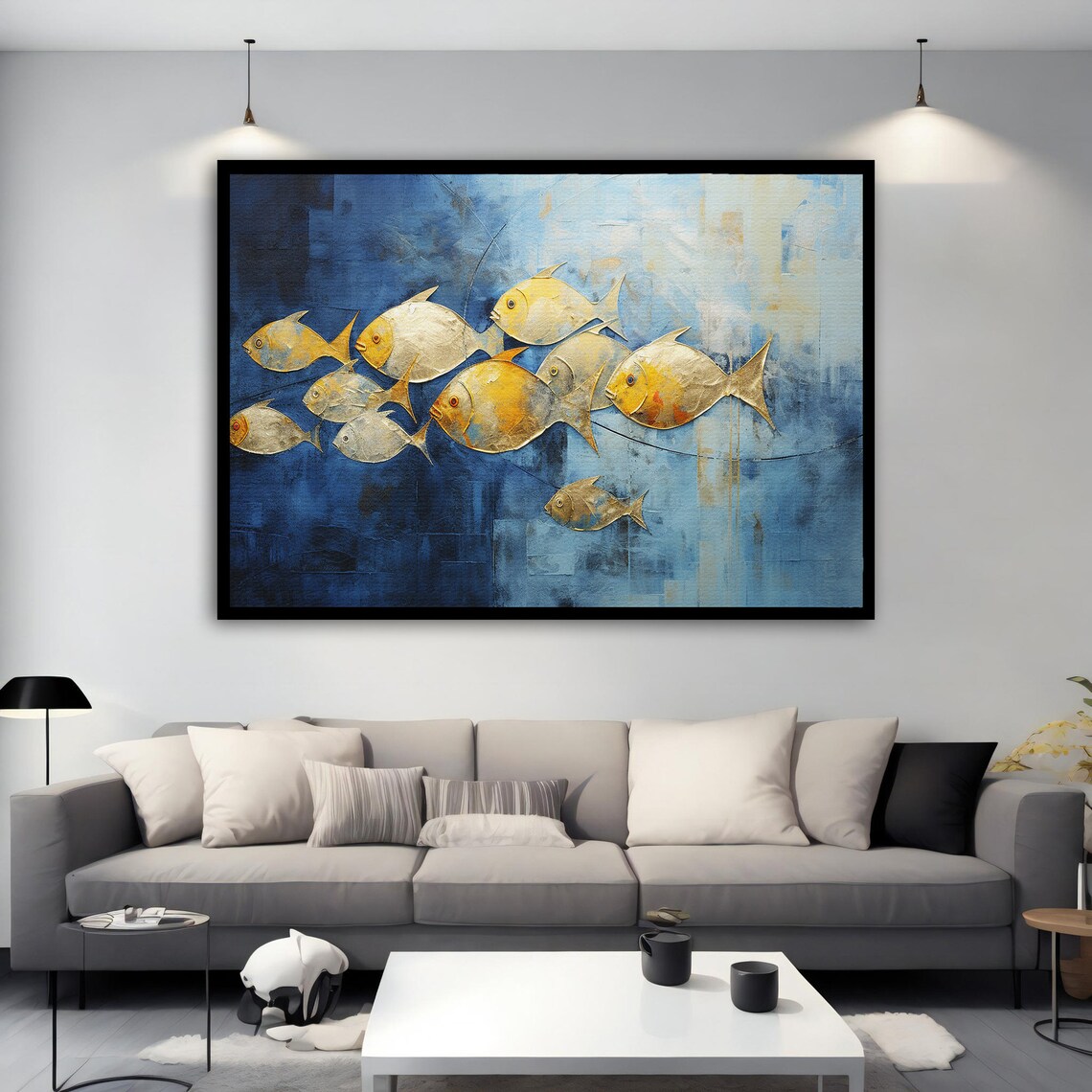 School of Golden Fish Swimming on Deep Blue Abstract Sea Art Poster - Image 2