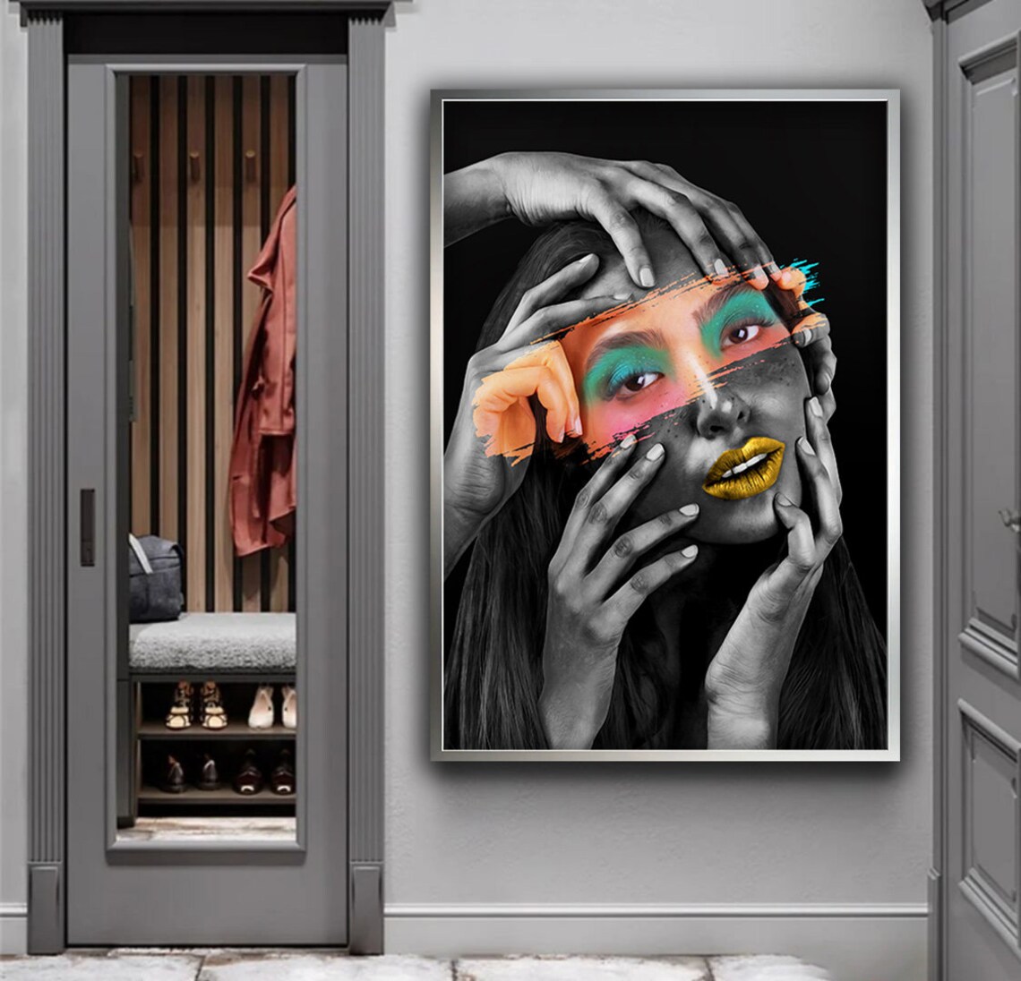 Colorful Paint Strokes Woman Portrait Black White Gold Lips Art Poster - Image 5