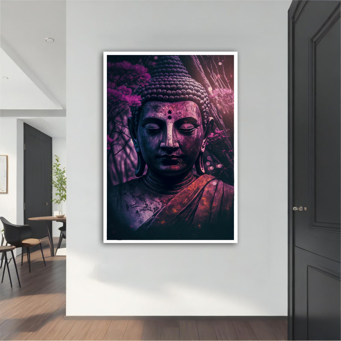 Purple Moonlit Buddha Statue Head Cherry Blossom Zen Meditation Poster