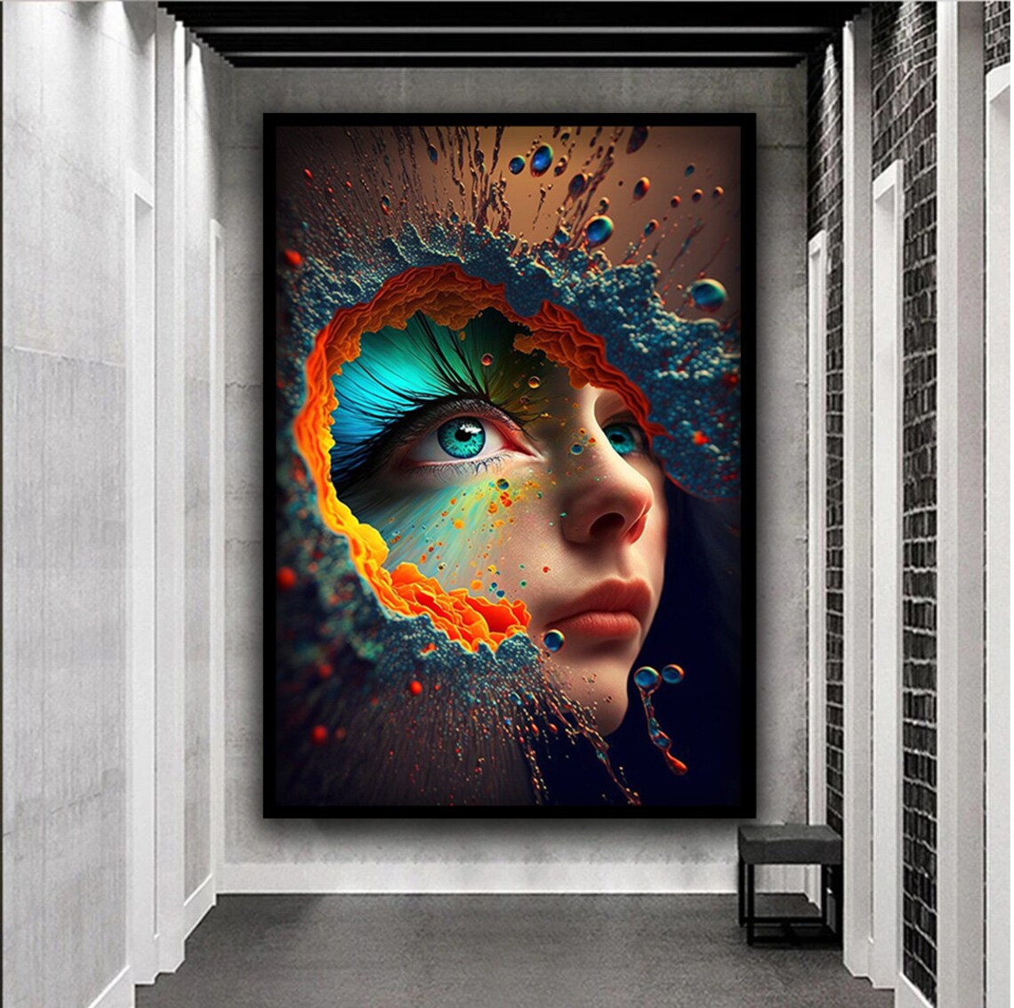 Surreal Woman Blue Eyes Colorful Paint Splash Explosion Modern Art Poster - Image 4