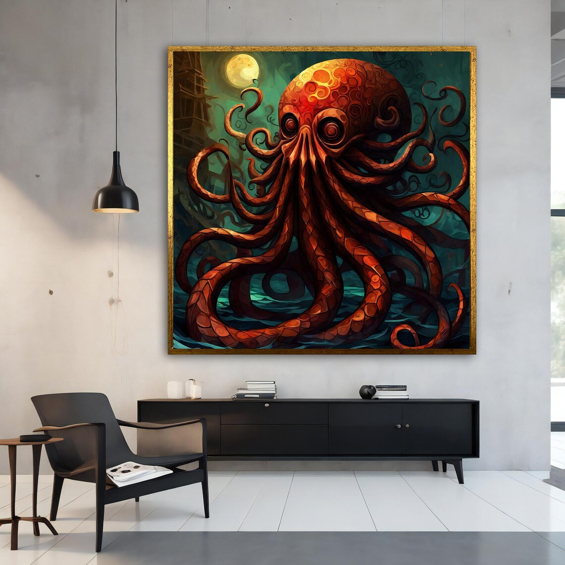 Red Octopus Full Moon Night Sea Kraken Tentacle Animal Art Poster - Image 3