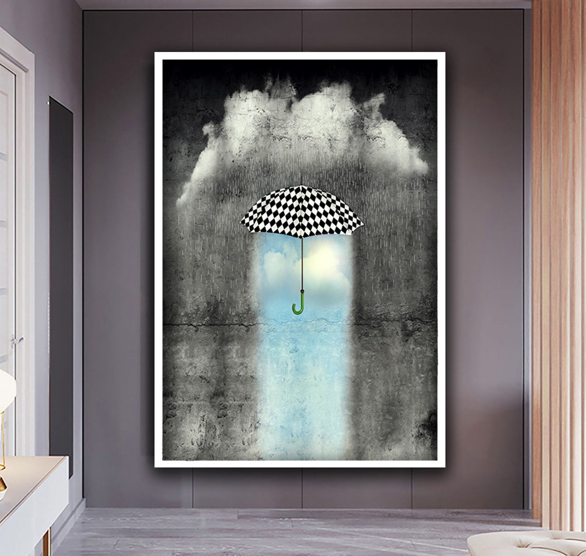 Checkered Umbrella Rain Cloud Surreal Black White Dream Art Poster - Image 4