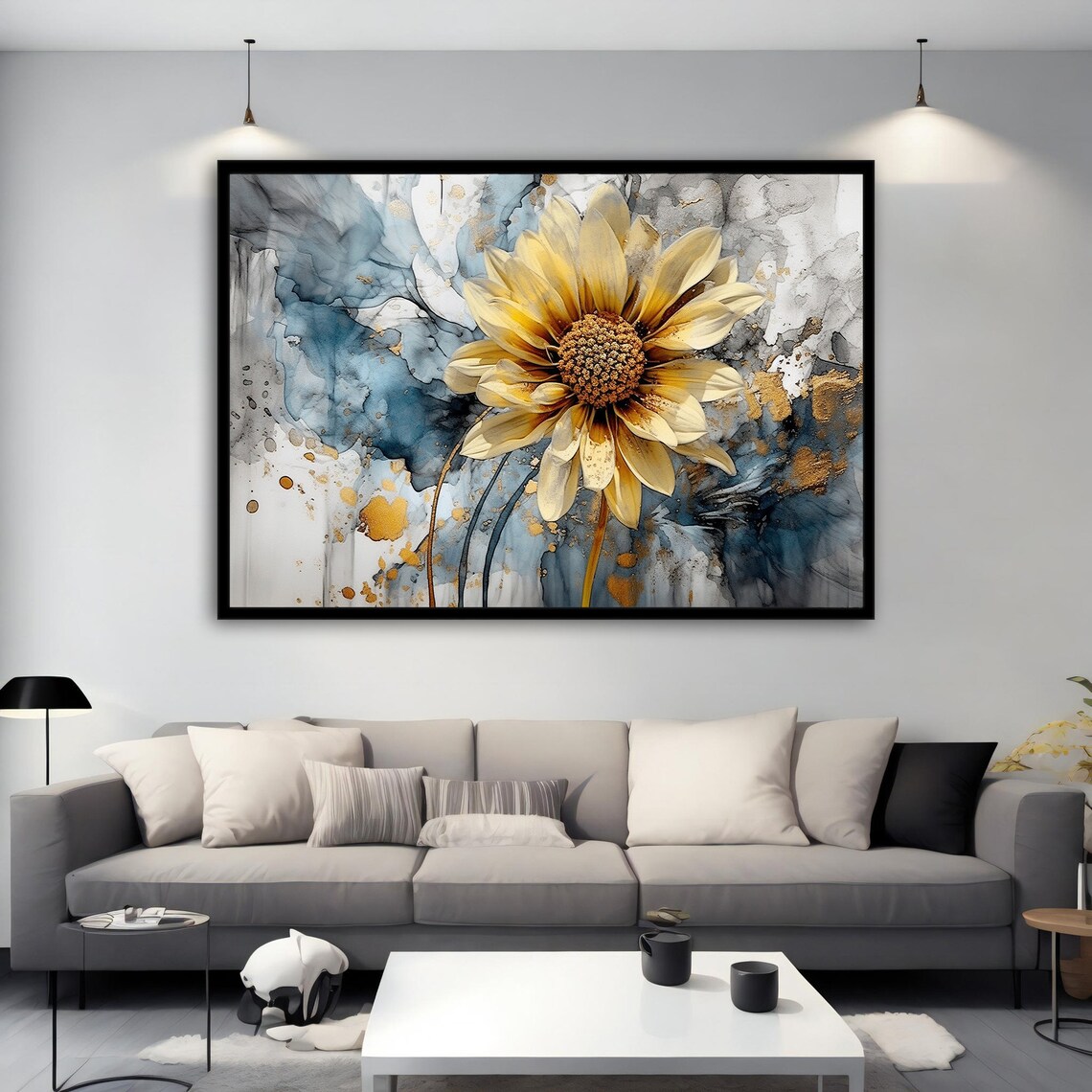 Golden Yellow Flower Watercolor Blue Abstract Floral Wall Art - Image 2