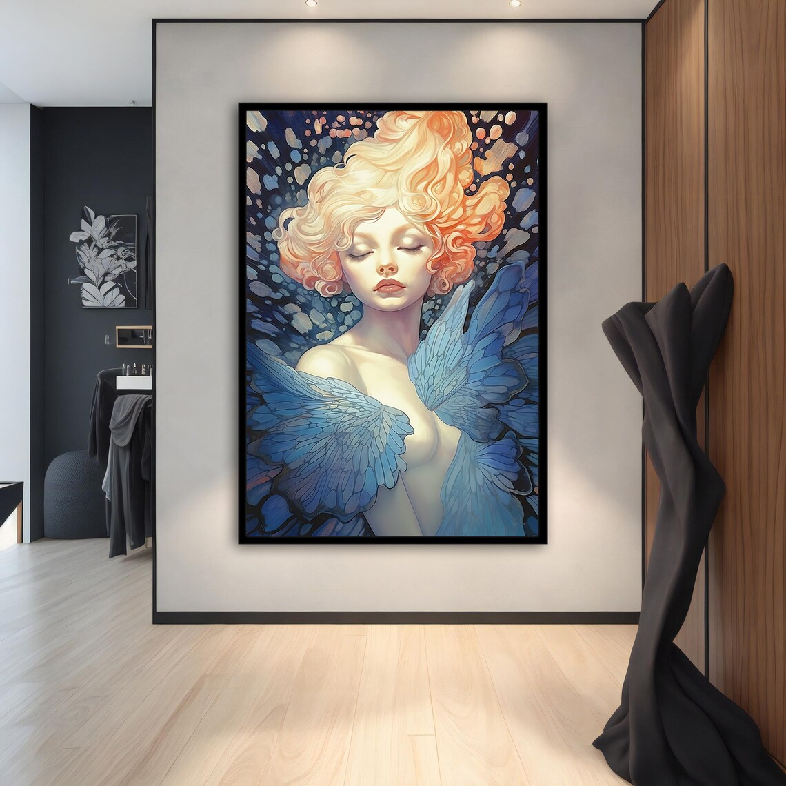 Dreamy Angel Girl Blue Butterfly Wings Glowing Hair Wall Art Print - Image 2