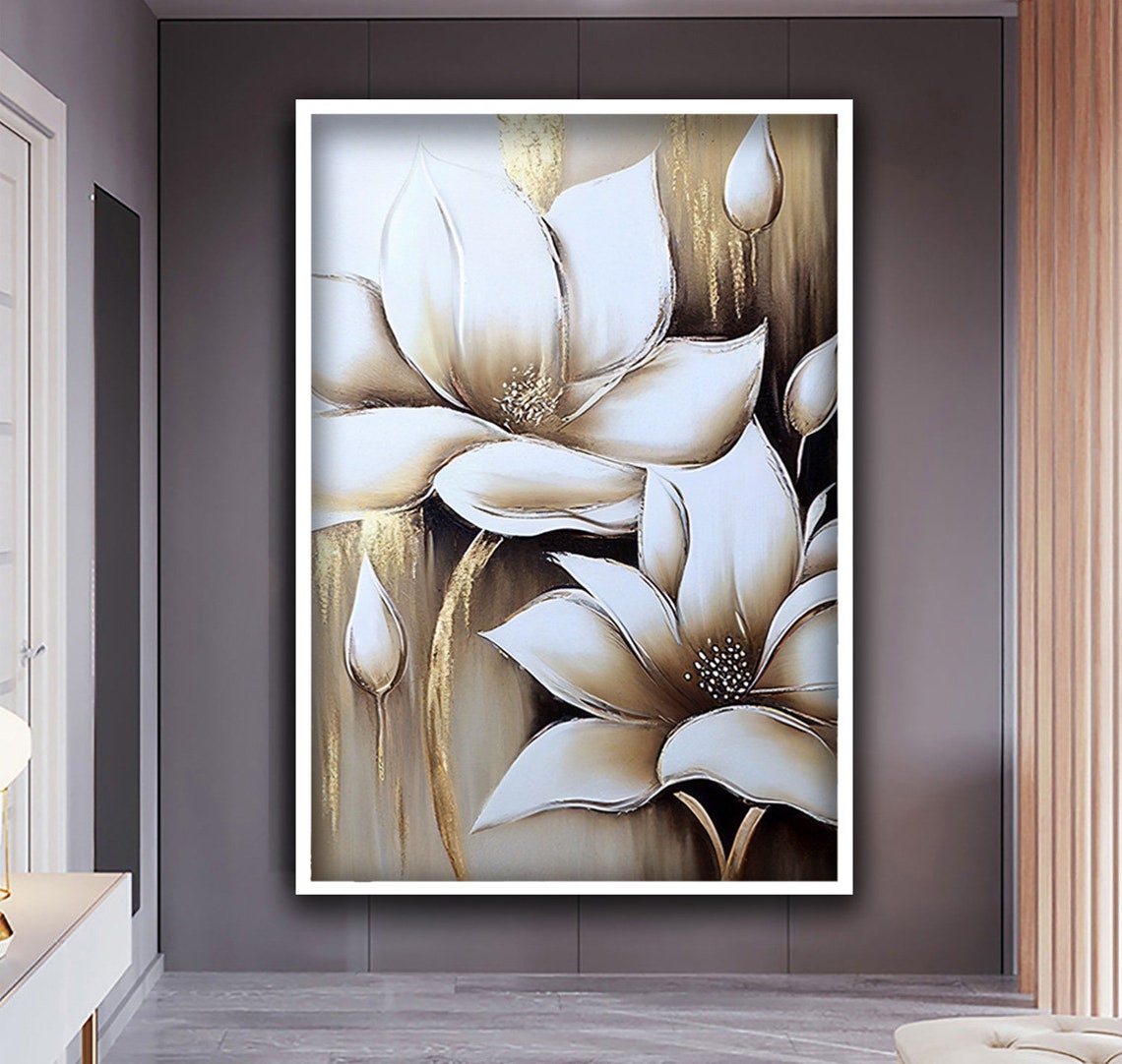 White Magnolia Flowers with Gold Accents on Neutral Beige Art Poster - Image 3