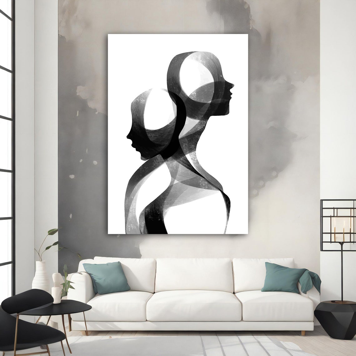 Black White Dual Faces Abstract Minimalist Line Portrait Wall Art - Image 3