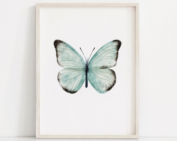 Blue Teal Butterfly Watercolor Boho Art Print