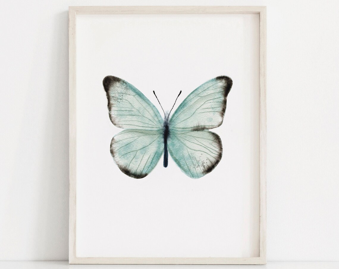 Blue Teal Butterfly Watercolor Boho Art Print