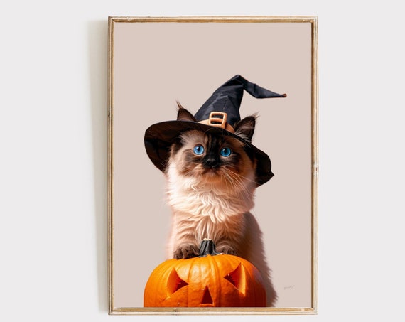 Ragdoll Cat Halloween Decor Trick Or Treat Print Pumpkin Cute Witch Art Prints Hat