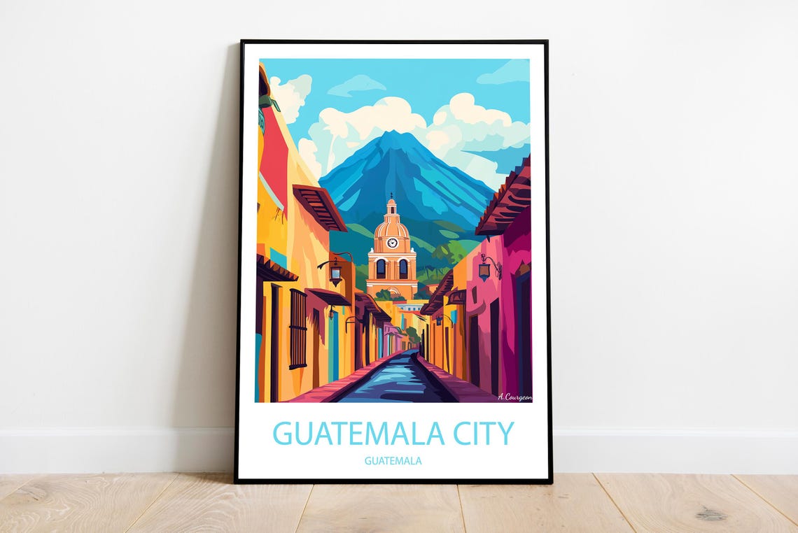 Guatemala City Colorful Colonial Street With Volcano View Poster