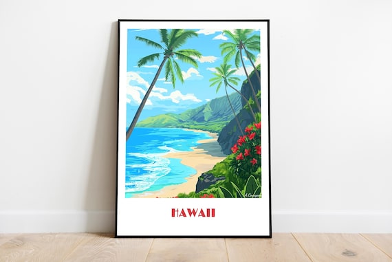 Hawaii Beach Travel Palm Trees Tropical Island Sunset Art Poster