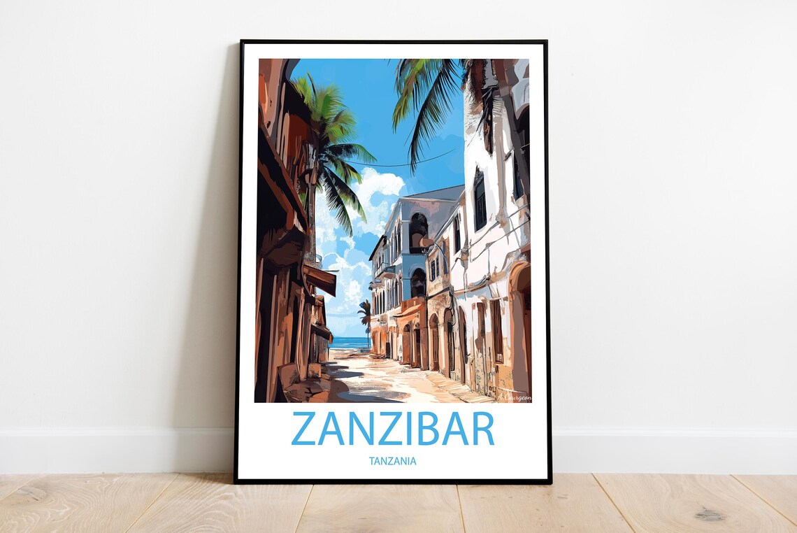 Zanzibar Tanzania Stone Town Street Ocean View Travel Poster