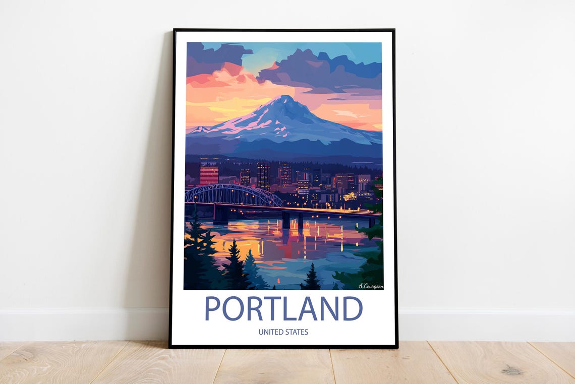 Portland Oregon Sunset Skyline With Mount Hood Bridge Poster