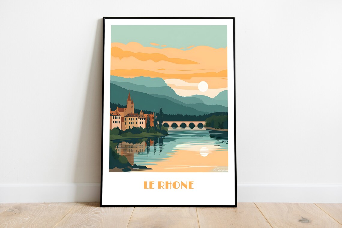 Le Rhone France Sunset River Bridge Town Vintage Travel Poster