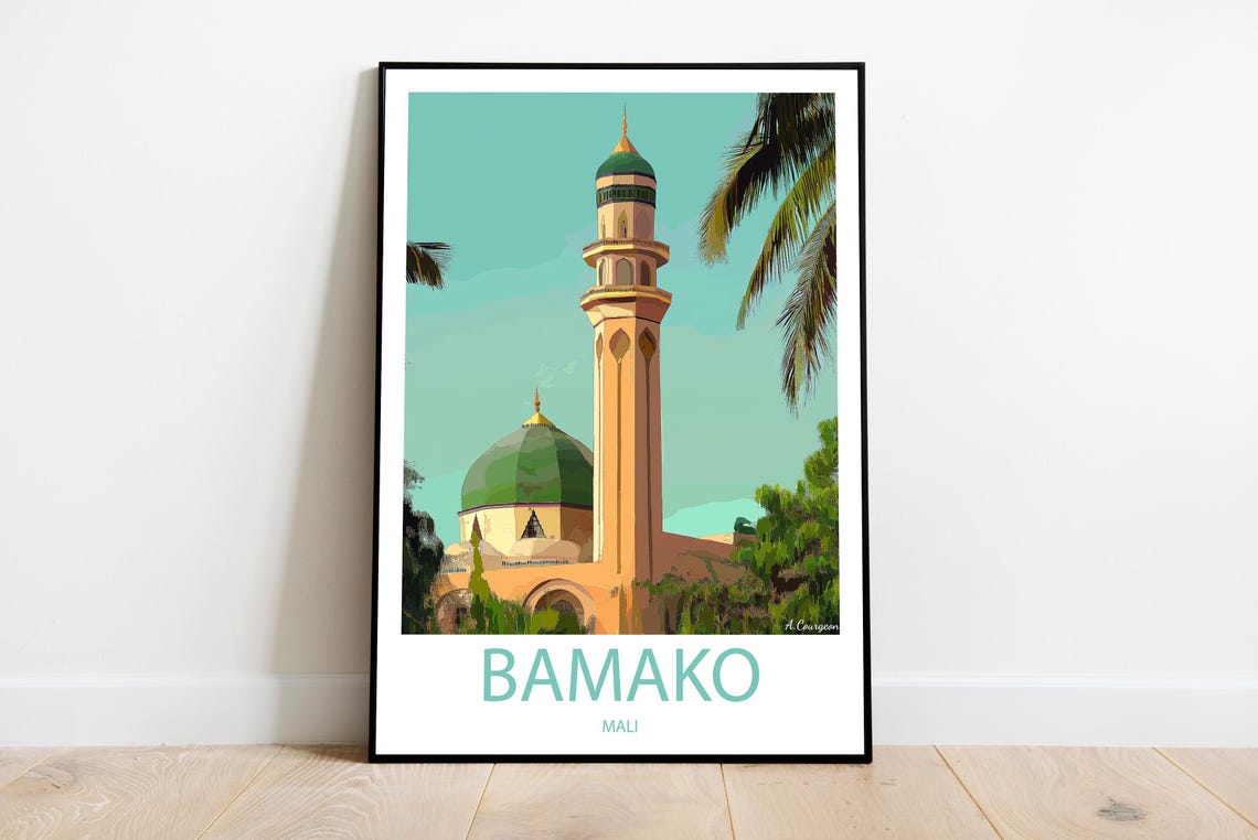 Bamako Mali Grand Green Dome Mosque Palm Trees Travel Art Poster