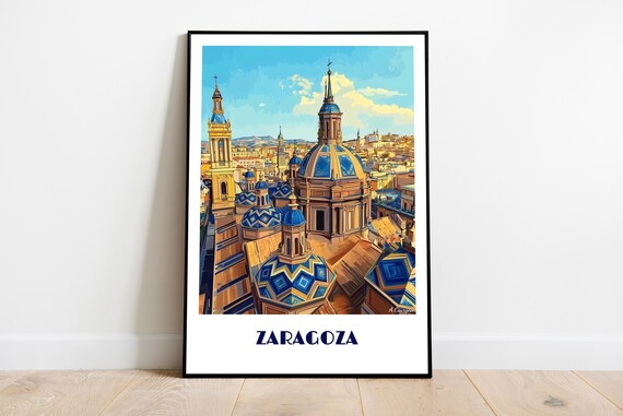 Zaragoza And The Cathedralbasilica Handmade Poster Wall Art Modern Travel Spain Decor Gift Illustration Print Painting Custom